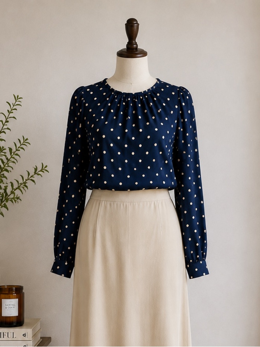 WAYF Navy Polka Dot Puff Sleeve Blouse Size XS Parisian Preppy Office Chic